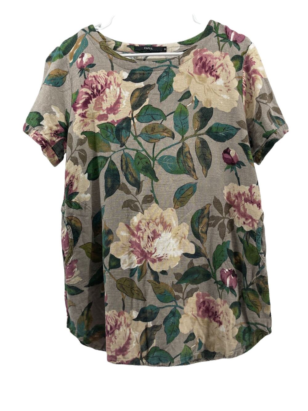 Zaful Tan Floral Print Short Sleeve Blouse Women's Size Medium